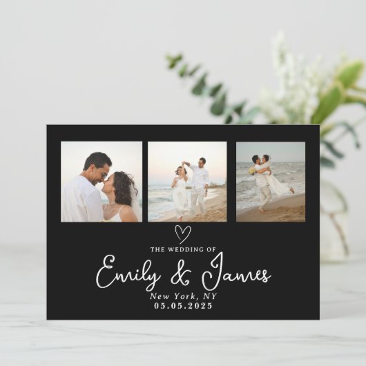 Klassieke Zwarte Script Fotostrip Trouwen Kaart (Staand voorkant)