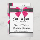 Klassieke zwarte & witte draperie met magenta bow aankondigingskaart (Voorkant / Achterkant)