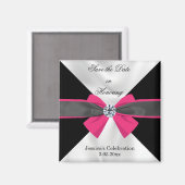 Klassieke zwarte & witte draperie met magenta bow magneet (Voorkant / Achterkant)