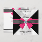 Klassieke zwarte & witte draperie met magenta bow save the date (Voorkant / Achterkant)