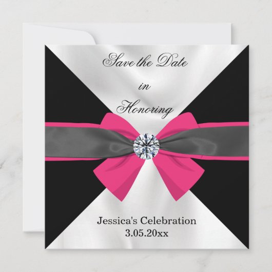 Klassieke zwarte & witte draperie met magenta bow save the date (Voorkant)