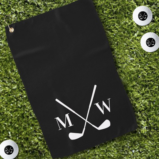 Klassieke zwarte witte golfclubs monogram golfhanddoek