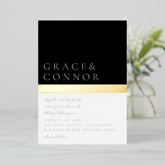Klassieke zwarte witte grijze gouden olievlek brui folie uitnodiging (Staand Voorkant)