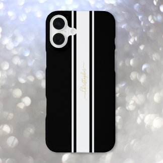 Klassieke zwarte witte racingstrepen gouden monogr iPhone 16 plus hoesje