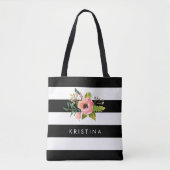 Klassieke Zwarte Witte Strepen Bloemen Winkeltas Tote Bag (Voorkant)