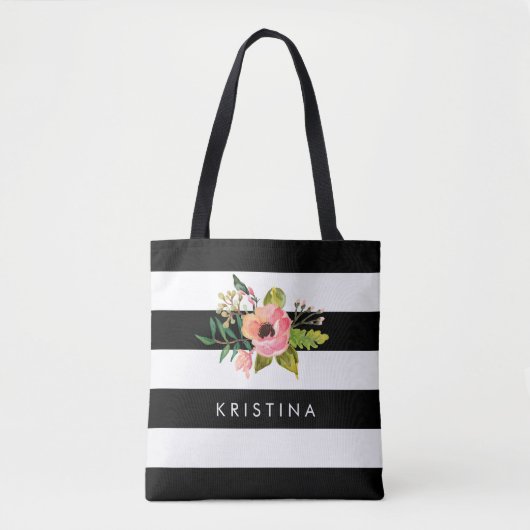 Klassieke Zwarte Witte Strepen Bloemen Winkeltas Tote Bag (Voorkant)