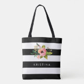 Klassieke Zwarte Witte Strepen Bloemen Winkeltas Tote Bag (Achterkant)