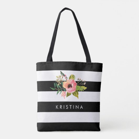 Klassieke Zwarte Witte Strepen Bloemen Winkeltas Tote Bag (Achterkant)