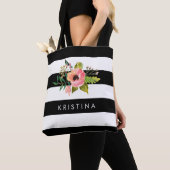 Klassieke Zwarte Witte Strepen Bloemen Winkeltas Tote Bag (Dichtbij)
