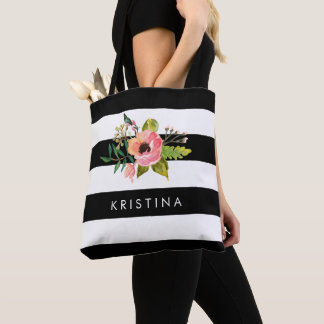 Klassieke Zwarte Witte Strepen Bloemen Winkeltas Tote Bag