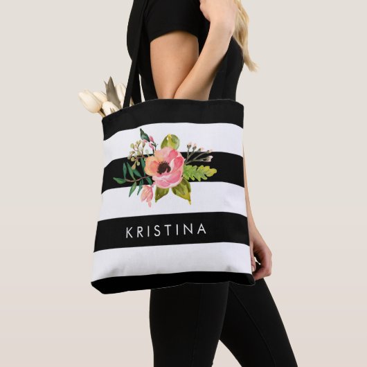 Klassieke Zwarte Witte Strepen Bloemen Winkeltas Tote Bag (Dichtbij)