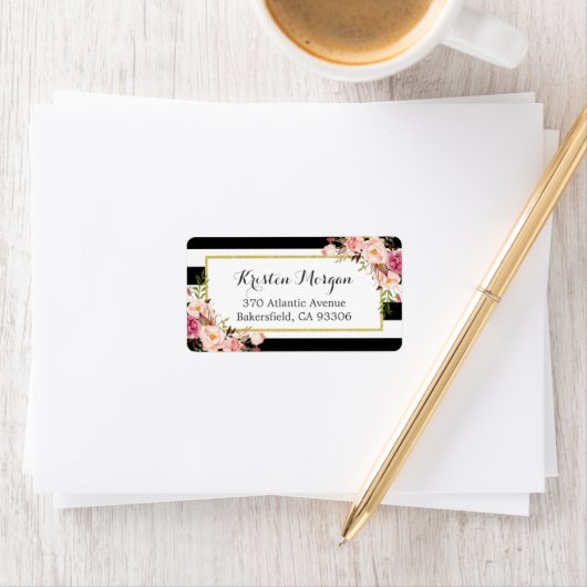 Klassieke zwarte witte strepen roze vlinderdecor etiket (Insitu)