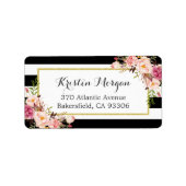 Klassieke zwarte witte strepen roze vlinderdecor etiket (Voorkant)