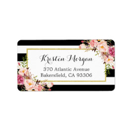 Klassieke zwarte witte strepen roze vlinderdecor etiket