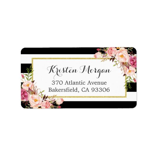 Klassieke zwarte witte strepen roze vlinderdecor etiket (Voorkant)