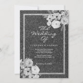 Klassieke zwarte witte zilverglitter florale bruil kaart (Voorkant)