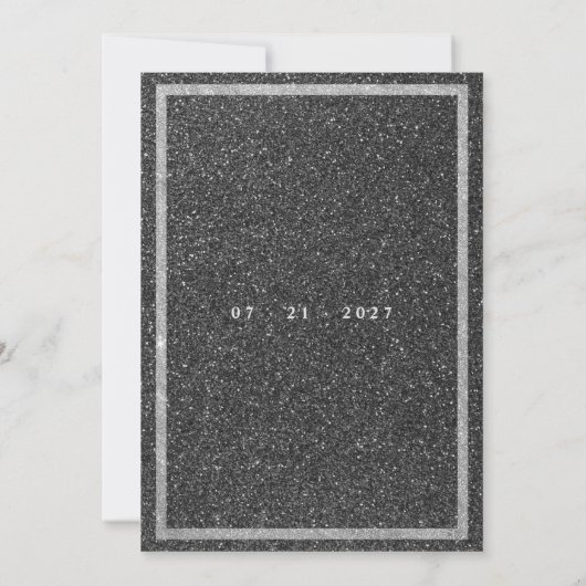 Klassieke zwarte witte zilverglitter florale bruil kaart (Achterkant)