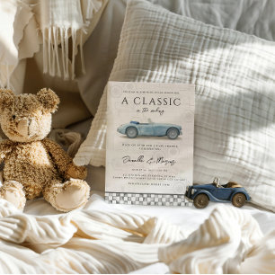 Klassieker in wording Blauwe Vintage Auto Baby Sho Kaart