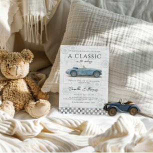 Klassieker in wording Blauwe Vintage Auto Baby Sho Kaart