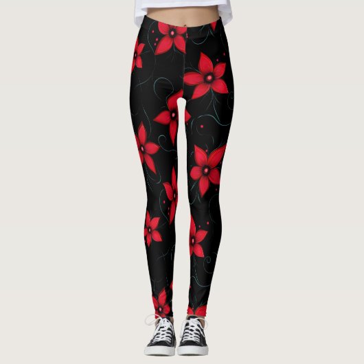 Klassige rode zwarte bloemen leggings (Voorkant)