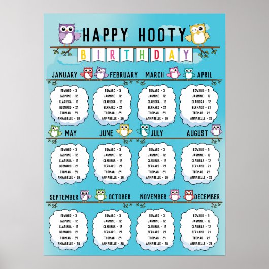 Klassroom Birthday Board in Cute Owl Thema Poster (Voorkant)