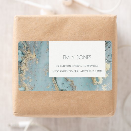 KLASSY AQUA DUSKY BLUE GOLD AGATE MONOGRAM WEDDING ETIKET (Insitu)