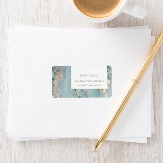 KLASSY AQUA DUSKY BLUE GOLD AGATE MONOGRAM WEDDING ETIKET (Insitu)