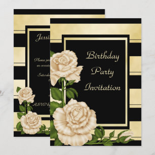 Klassy Black & Gold Striped Floral Birthday Kaart