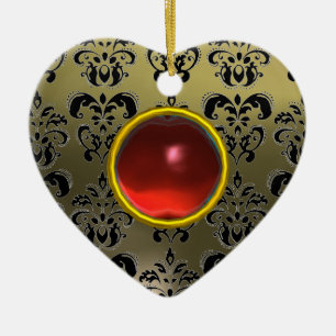 KLASSY BLACK GRAY RED DAMASK EN RUBY GEM STONE KERAMISCH ORNAMENT