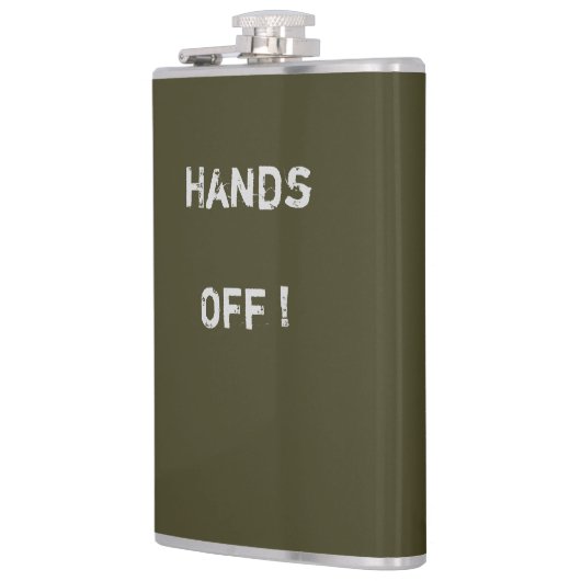 Klassy Khaki Flask "Hands Off" Text> Hip Flask Heupfles (Links)