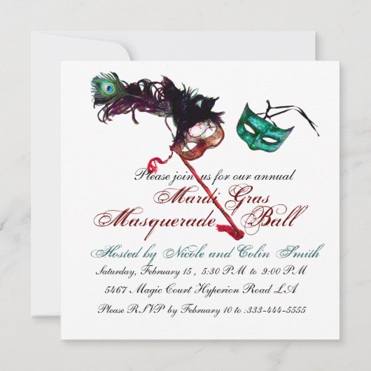 KLASSY MARDI GRAS MASQUERADE BALL MASKJE blauw wit Kaart (Achterkant)