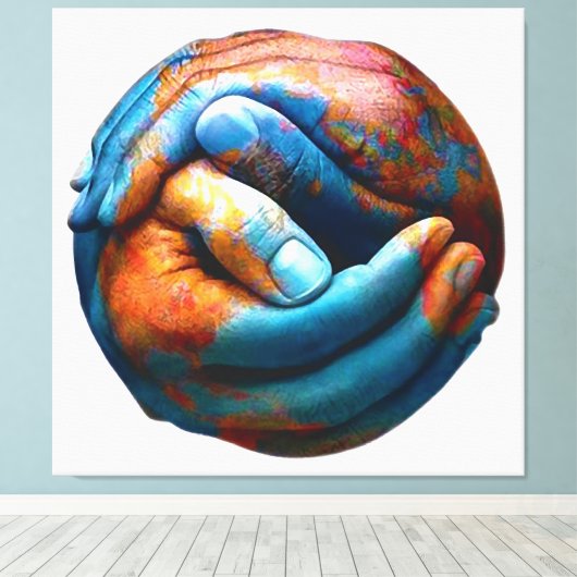 Klasvormige handen vormen planeet Aarde Wereldvred Canvas Afdruk (Insitu (Houten vloer))