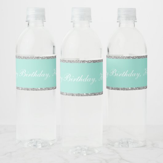 Klasy Aqua & Silver Glitter Birthday Water Flacon Waterfles Etiket (Flessen)