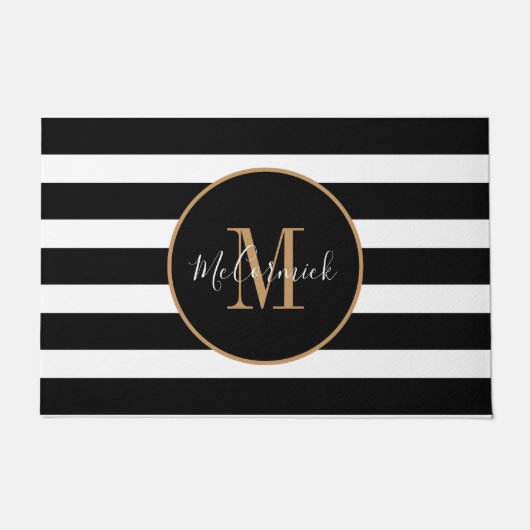 Klaszwart en witte strips Gold-monogram Deurmat (Voorkant)