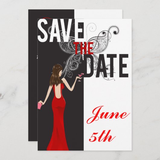 Klaszwart, wit en rood sparen de Datum Save The Date (Voorkant / Achterkant)