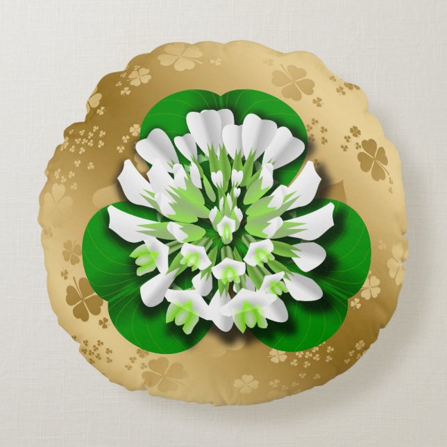 Klaver Bloem Gouden Shamrocks Rond Kussen (Voorkant)