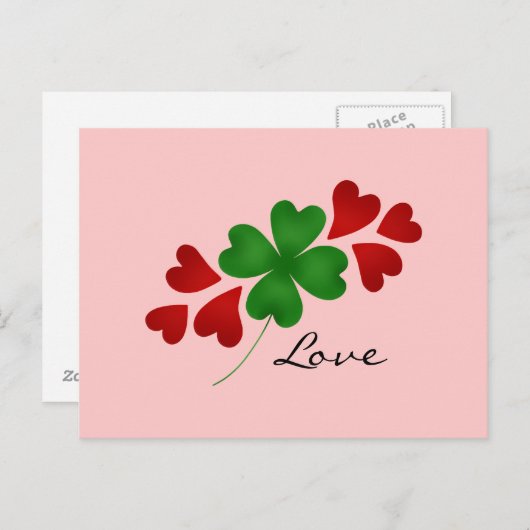 Klaver en harten op roze briefkaart (Voorkant / Achterkant)