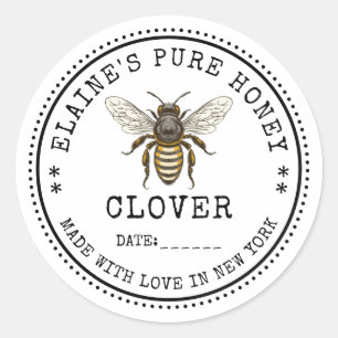 Klaverenhoninglabel met vintage bijillustratie ronde sticker
