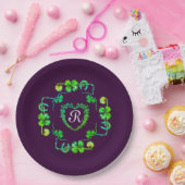KLAVERHART, BLOEM, GROENE FLORALE MONOGRAM Paars Papieren Bordje (Feest)
