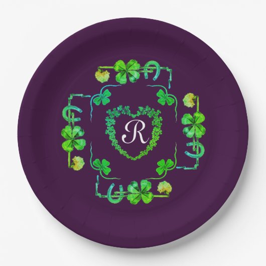KLAVERHART, BLOEM, GROENE FLORALE MONOGRAM Paars Papieren Bordje (Voorkant)