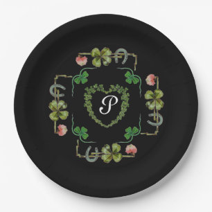 KLAVERHART, BLOEMEN, GROENE FLORALE MONOGRAM Zwart Papieren Bordje