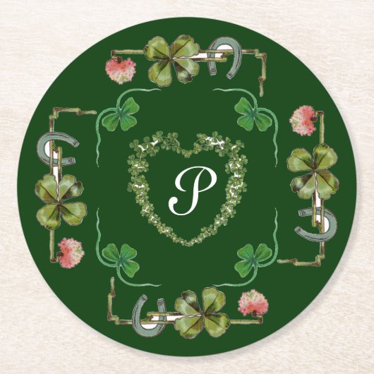 KLAVERHART,ROZE BLOEMEN,GROEN FLORAL MONOGRAM RONDE KARTONNEN ONDERZETTER (Voorkant)