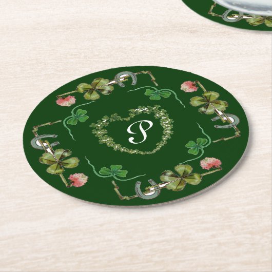 KLAVERHART,ROZE BLOEMEN,GROENE FLORALE MONOGRAM RONDE KARTONNEN ONDERZETTER (Gebogen)