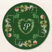 KLAVERHART,ROZE BLOEMEN,GROENE FLORALE MONOGRAM RONDE KARTONNEN ONDERZETTER (Voorkant)