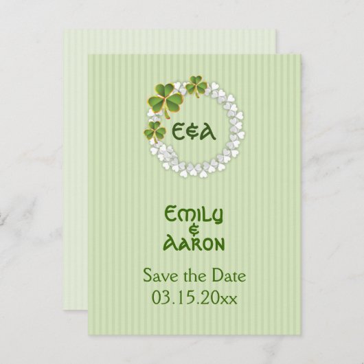 Klaverkrans & initialen bruiloft Save the Date Aankondigingskaart (Voorkant / Achterkant)