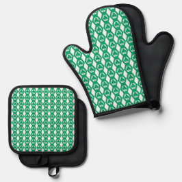 Klavertje Groen Wit Hexagon Patroon Ovenwant & Pannenlap Set