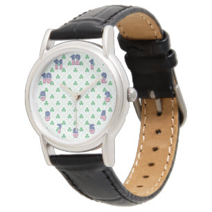 Klavervormig zwart leren horloge met klassieke Lo