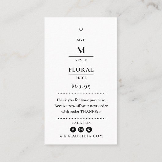 Kleding Hang Label met Prijs, Grootte, Stijl & Soc (Achterkant)