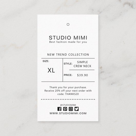 Kleding Hang Label met Prijs, Grootte, Stijl & Soc (Achterkant)