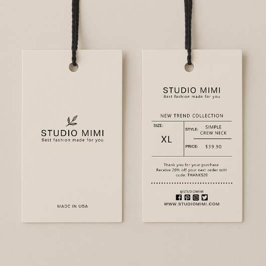 Kleding Hang Label met Prijs, Grootte, Stijl & Soc